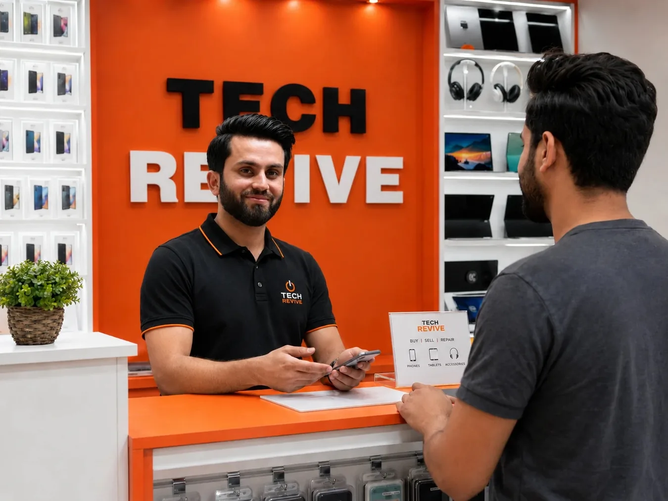 Customer service consultation at a technology shop counter