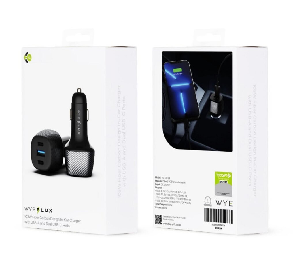 In-Car Charger with USB-A and Dual USB-C Ports 103W Fiber Carbon Design