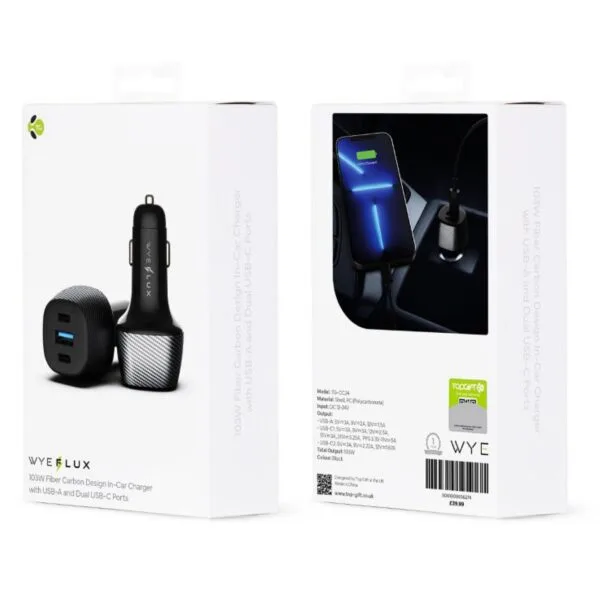 In-Car Charger with USB-A and Dual USB-C Ports 103W Fiber Carbon Design