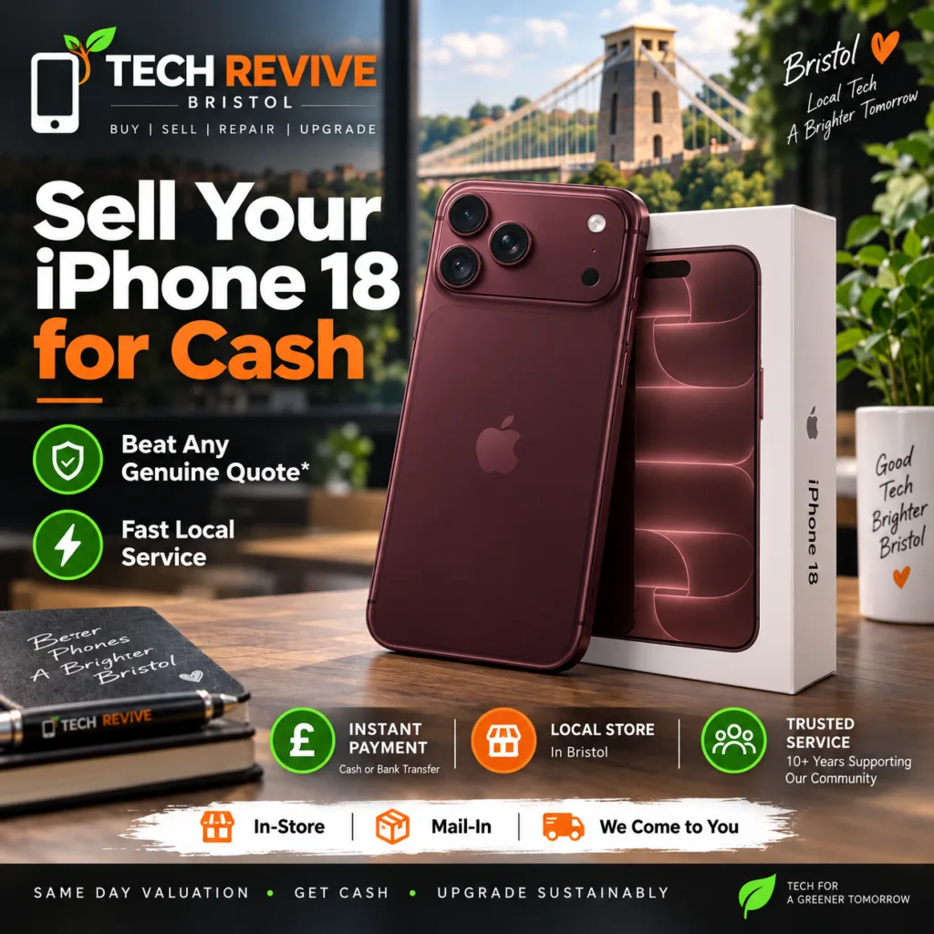 Sell your iPhone 18 for cash in Bristol with Tech Revive. Get a competitive local quote for new, used, cracked or damaged iPhones. Visit our Bristol stores today.