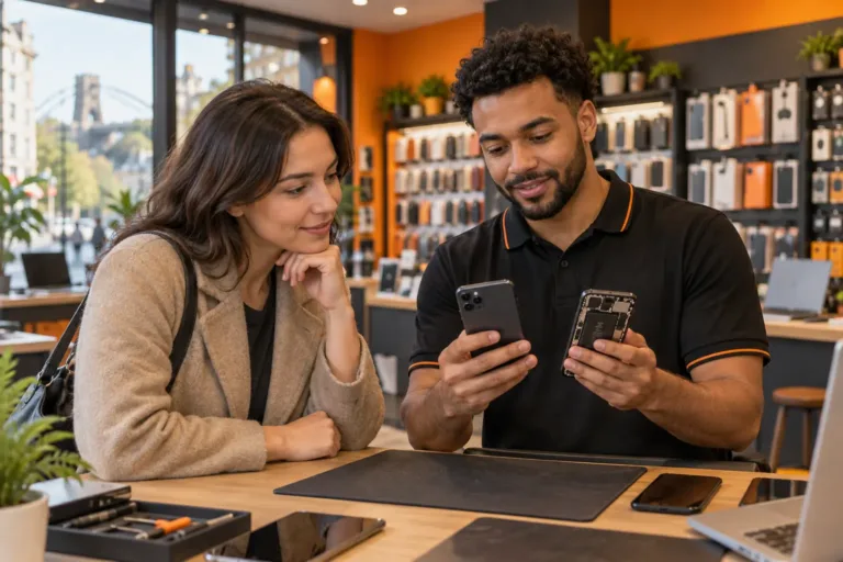 Local technology specialist helping a customer compare smartphones in a Bristol shop