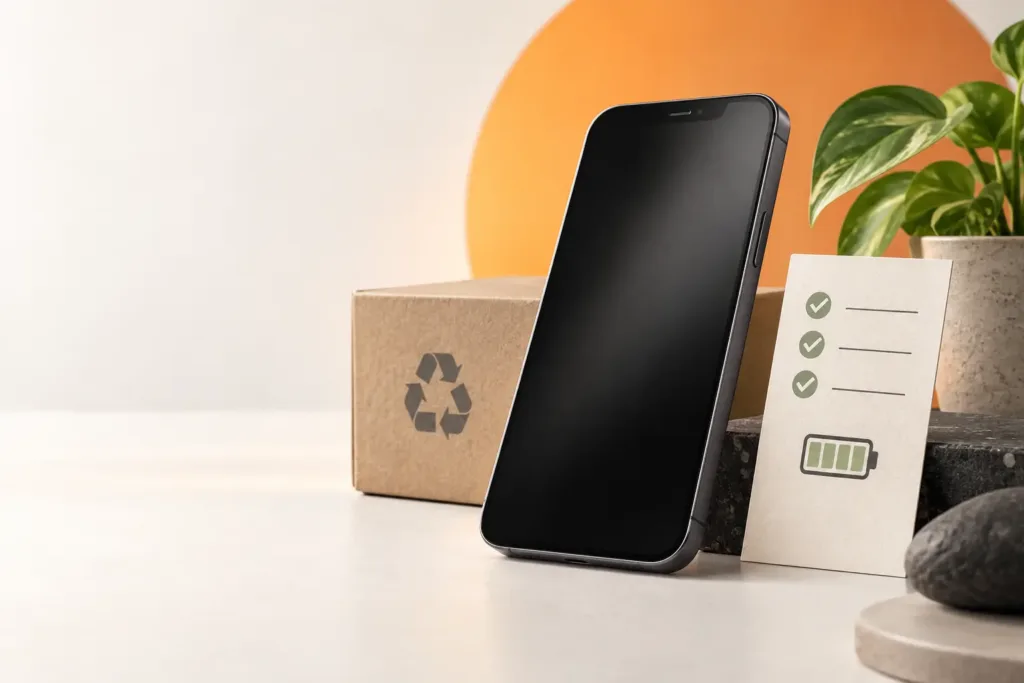 Quality-checked refurbished smartphone beside a battery and inspection checklist