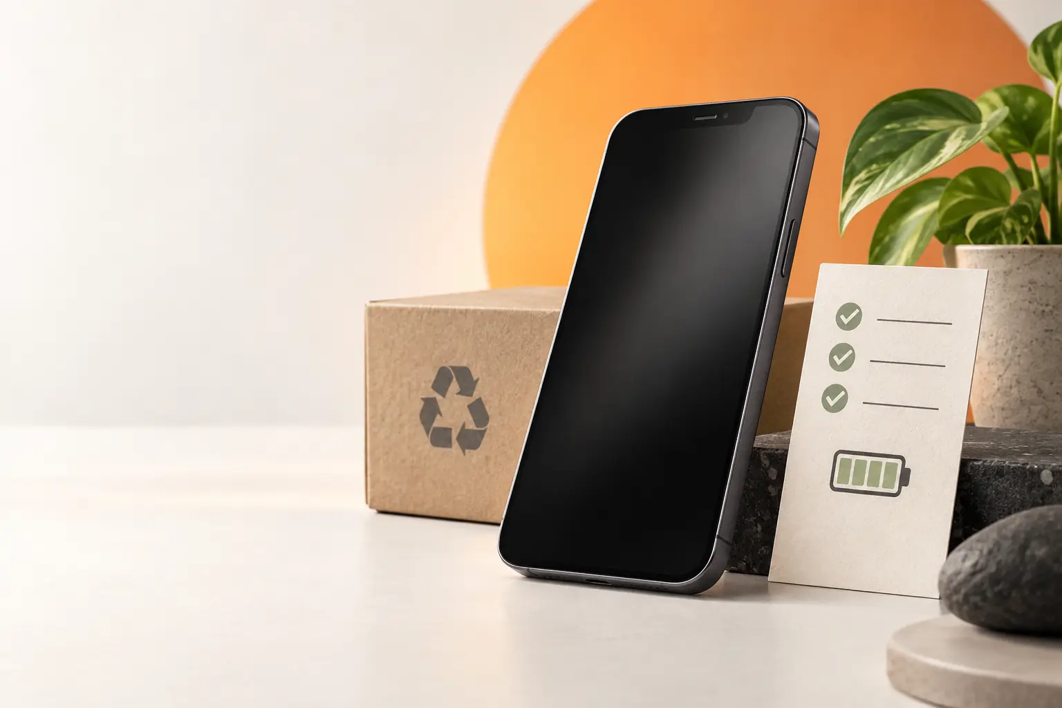 Quality-checked refurbished smartphone beside a battery and inspection checklist