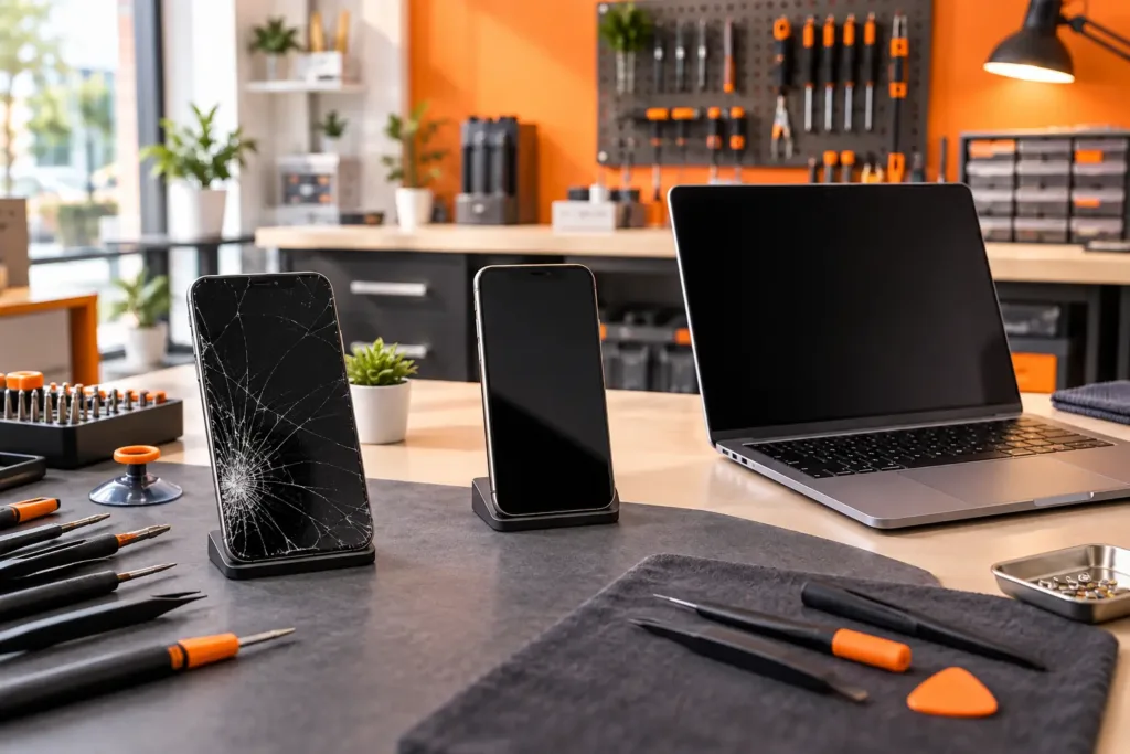 Damaged smartphone and laptop on a professional electronics repair workbench
