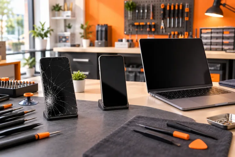 Damaged smartphone and laptop on a professional electronics repair workbench