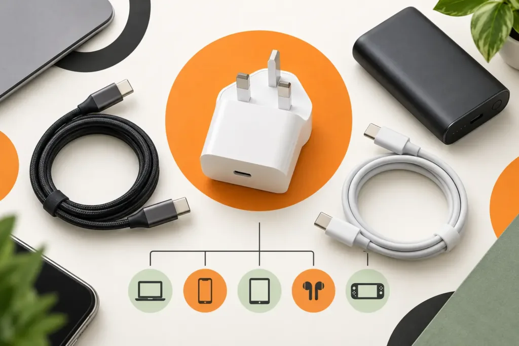 UK USB-C charger, charging cables and power bank arranged for a compatibility guide