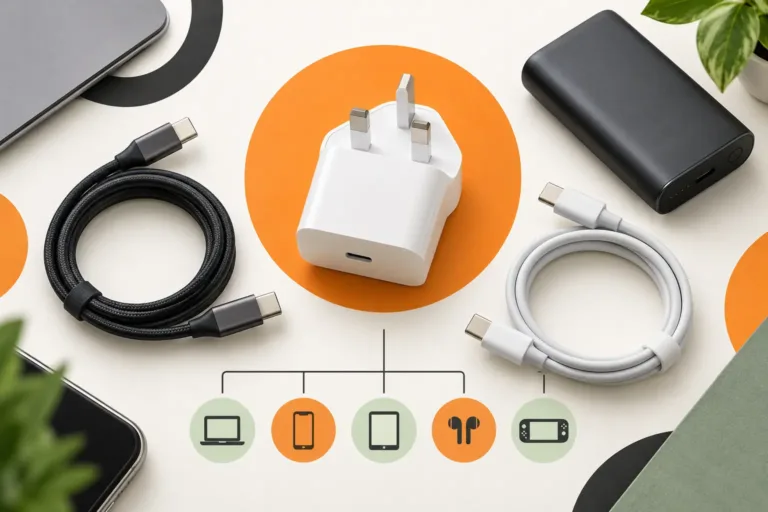 UK USB-C charger, charging cables and power bank arranged for a compatibility guide