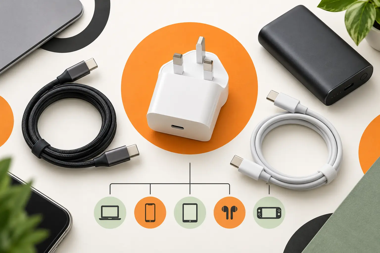 UK USB-C charger, charging cables and power bank arranged for a compatibility guide