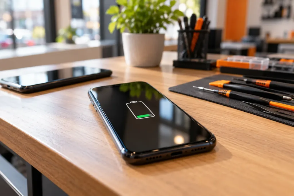 Illustration of a smartphone with a low battery symbol on a repair consultation counter