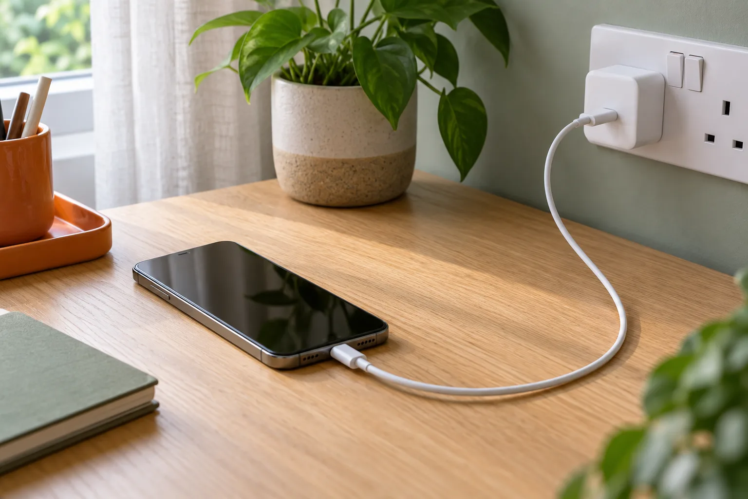 Illustration of a smartphone connected to a charger on an uncluttered desk